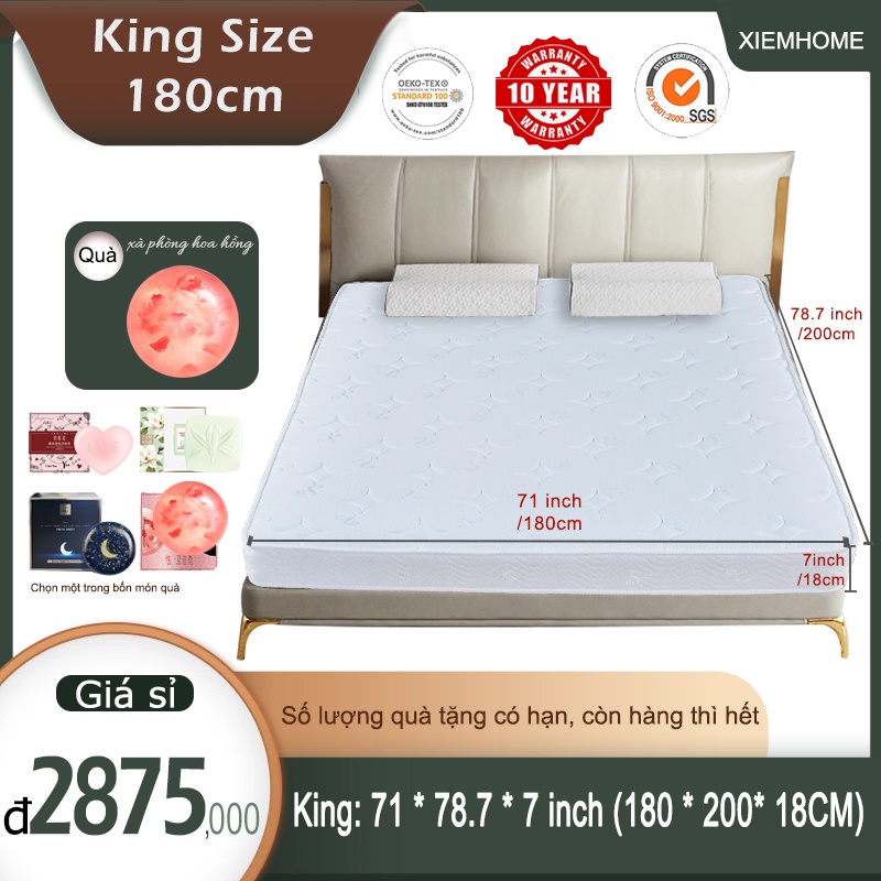 Bảo hành 10 năm Đệm Nệm lò xo Memory Foam Độ cứng trung bình Vải dệt kim 3D thoáng khí(King :180* 200* 18CM)