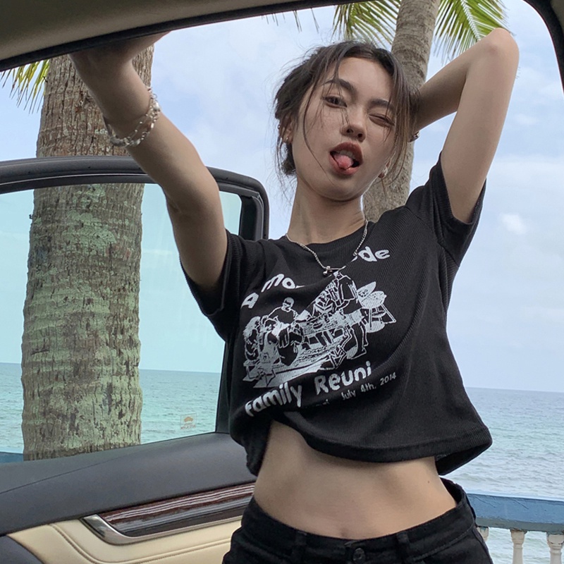 Áo Thun Croptop Ngắn Tay Form Ôm In Họa Tiết Phong Cách retro