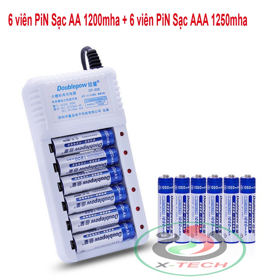 Combo Sạc DP-AB06 Kèm 12 Viên Pin Sạc (6 Pin Sạc AA Doublepow 1200mAh và 6 Pin AAA 1250 mha)