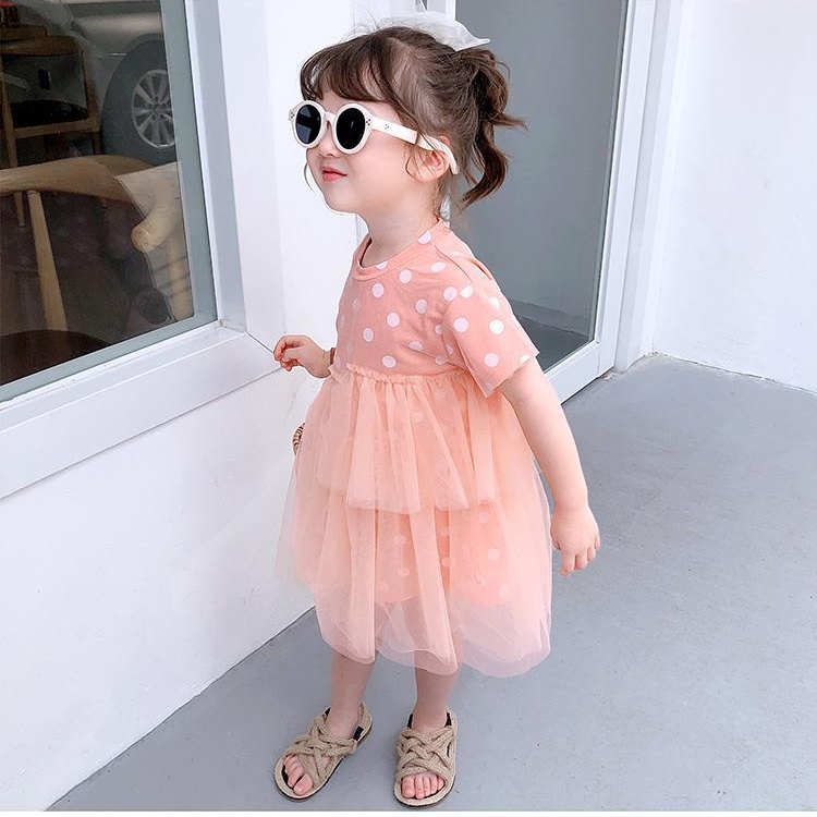 Đầm Tay Ngắn Phối Lưới Chấm Bi Thời Trang Mùa Hè Mới Cho Bé Gái