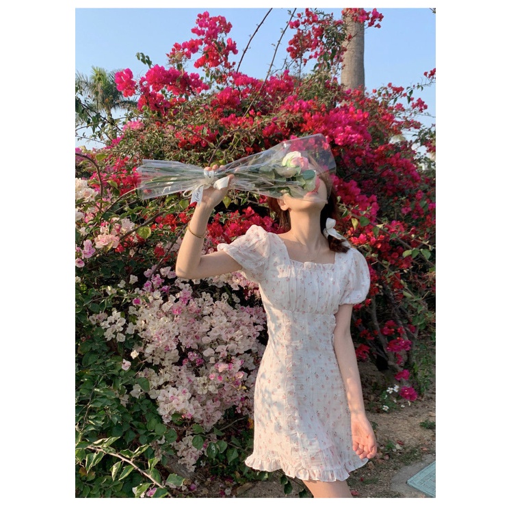 Đầm voan tay phồng in họa tiết hoa thời trang mùa hè mới cho nữ 2021