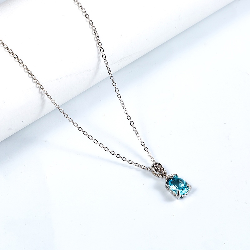 Thời Trang Dây Chuyền Bạc Mặt Oval Đính Đá Topaz Màu Xanh Dương