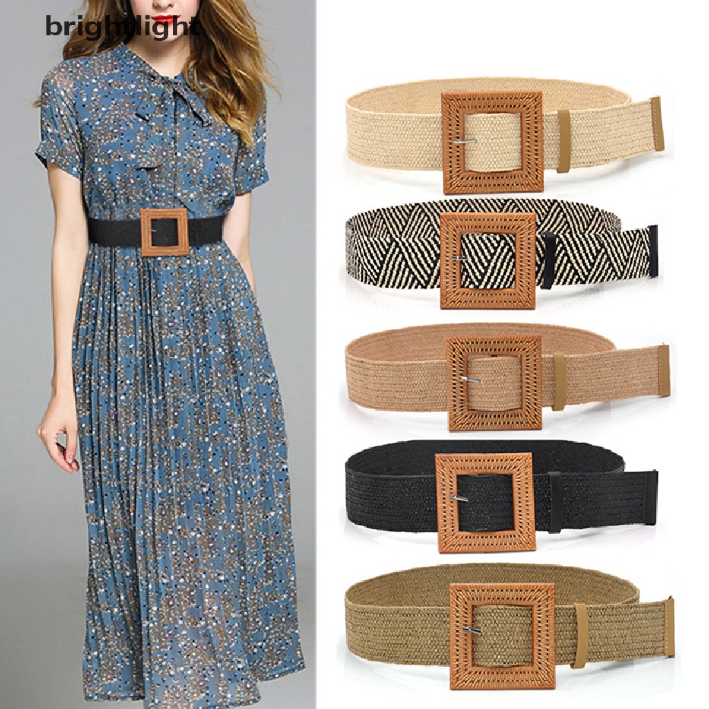 Thắt Lưng Rơm Co Giãn Phối Khóa Vuông Phong Cách Boho Thời Trang