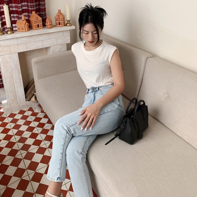 Quần Jeans Lưng Cao Nữ - Momfit Light Blue - Hashtagem ( Mã MFJ.5 )