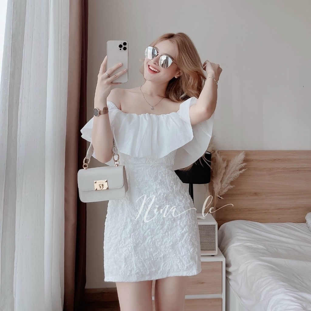 Đầm váy nữ trắng trễ vai xốp phối voan tơ ( đầm có lót , có mút ) tôn dáng trẻ trung sang trọng thanh lịch siêu xinh