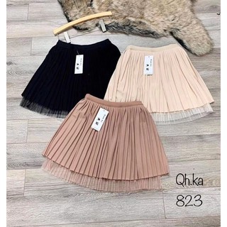 Chân váy xếp ly pha chân ren QC