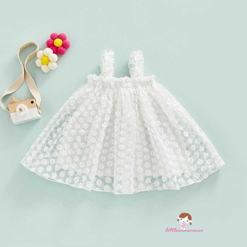 XZQ7-Kid Girls Casual Summer Dress, White Flower Pattern Off-the-shoulder Sleeveless Yarn Dress