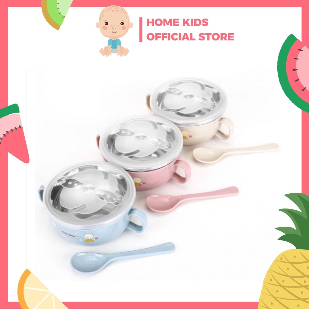 [HCM - SIÊU RẺ] Bát Ăn Dặm Inox 2 lớp Cách Nhiệt Cho Bé Có Tay Cầm Nắp Đậy Kèm Thìa