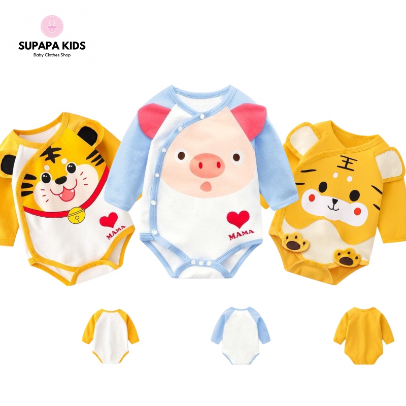 Bodysuit dài tay hình thú dễ thương, bộ liền thân hè thu cúc chéo cho bé từ 3-12kg