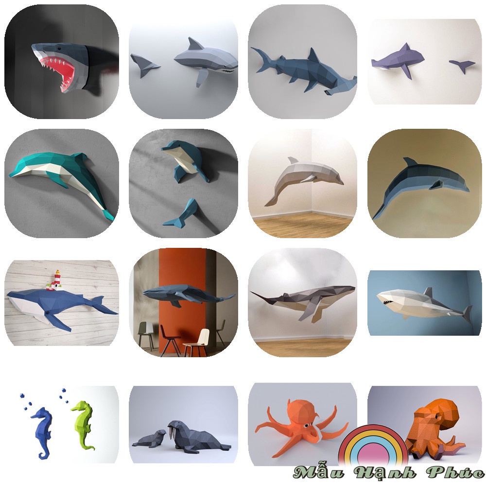Mô Hình Giấy Treo Tường 3D Ba Chiều Hình Sinh Vật Biển Cá Heo Cá Heo Trang Trí Nội Thất