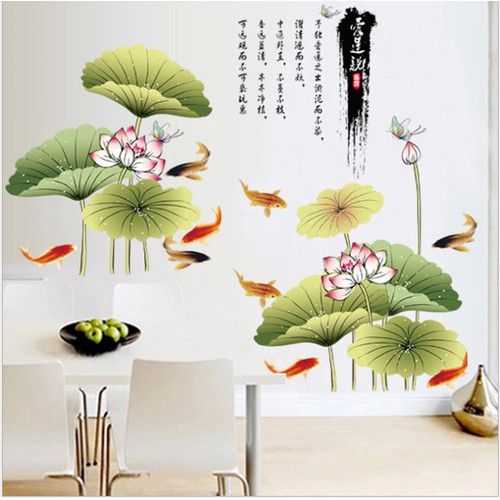 Decal dán tường hồ sen ao cá khổ rộng 1m2 x 2m