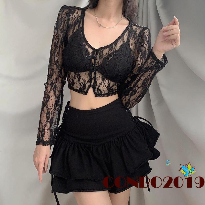 Áo Thun Crop Top Ren Mỏng Tay Dài Cổ Chữ V Cài Nút Gợi Cảm Cho Nữ