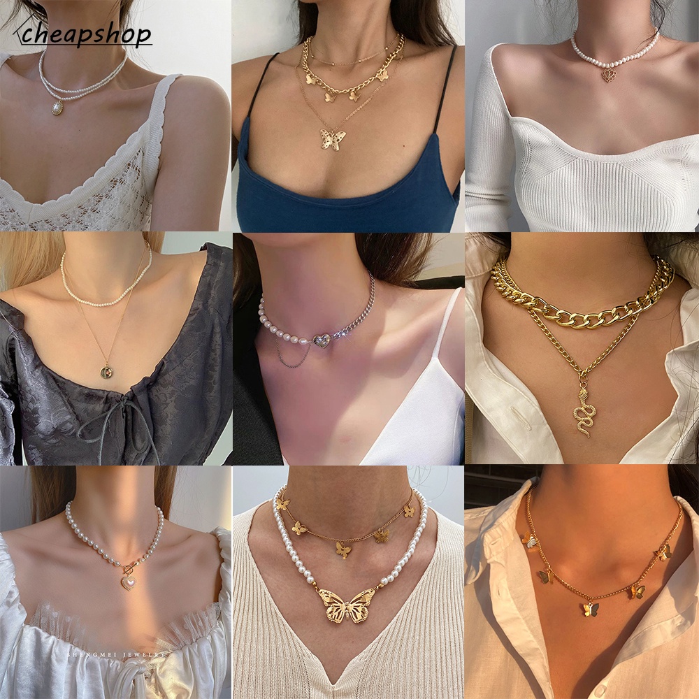 iF YOU Thời Trang Vòng cổ Mặt Hình Bướm Đính Ngọc Trai Nhân Tạo