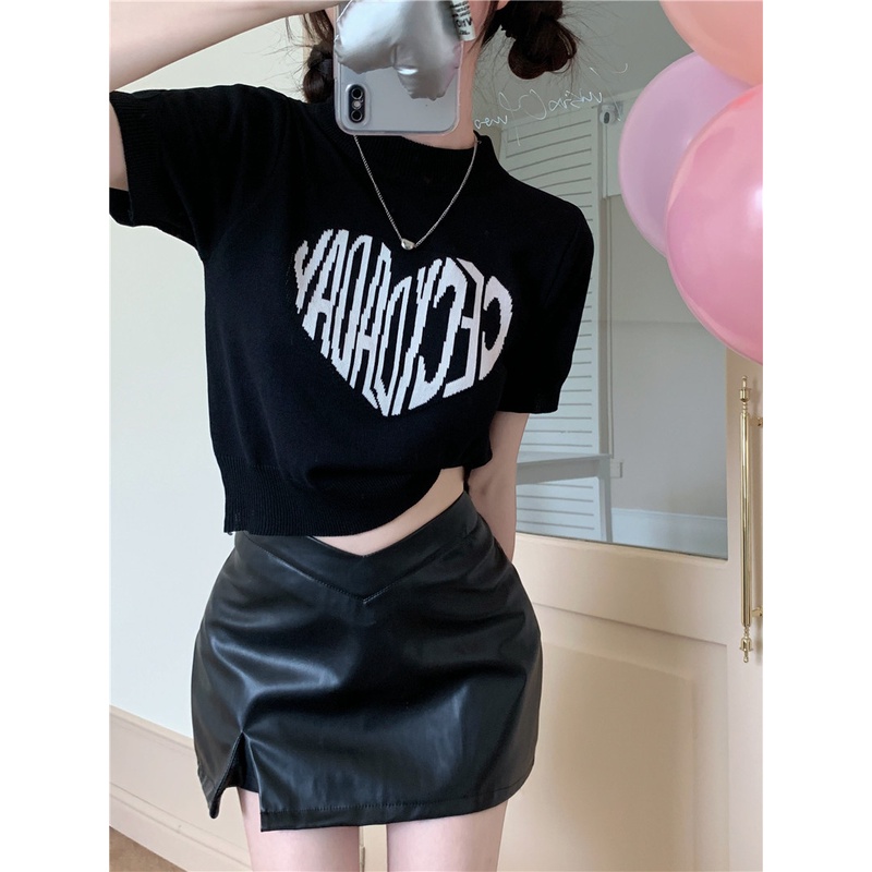 Áo Thun Dệt Kim Ngắn Tay Ôm Dáng In Chữ Và Trái Tim Thời Trang Phong Cách Hàn Quốc Cho Nữ