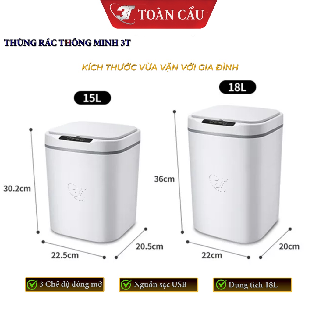 Thùng rác thông minh 18L Nguồn Sạc, 3 Chế Độ Mở Nắp Tự Động Bằng Cảm Biến Thông Minh, Nút Ấn Cảm Ứng