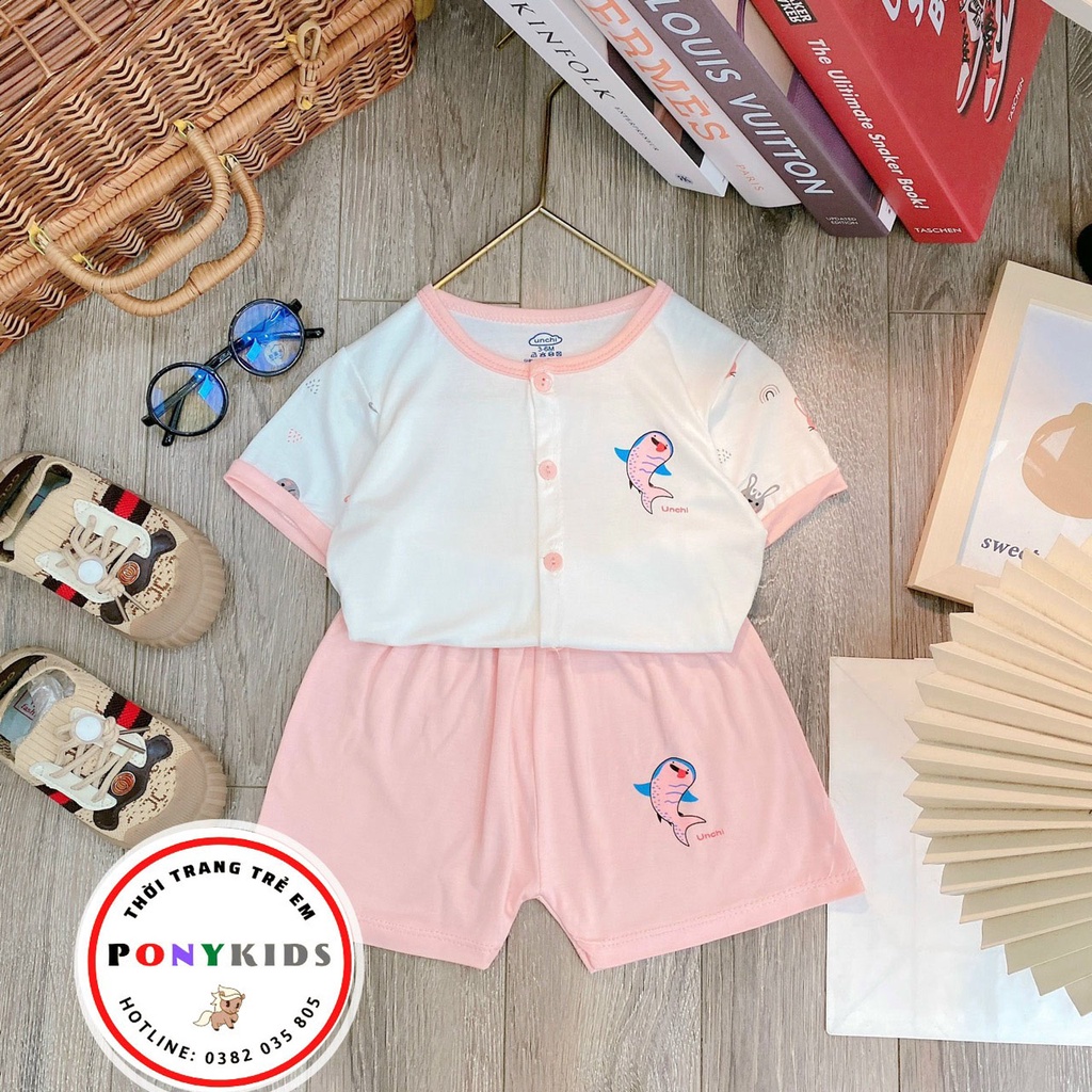 Bộ cộc tay cotton thun lạnh UNCHI cho bé trai bé gái cúc giữa thoáng mát mùa hè