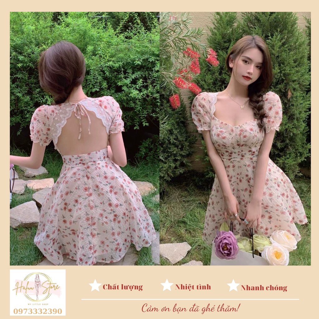 [Mã FAMARAL1 giảm 10K đơn 50K] Đầm Hoa Nhí Cổ Vuông Tay Bồng Hở Lưng Quyến Rũ Nhẹ Nhàng Cho Nữ HT018