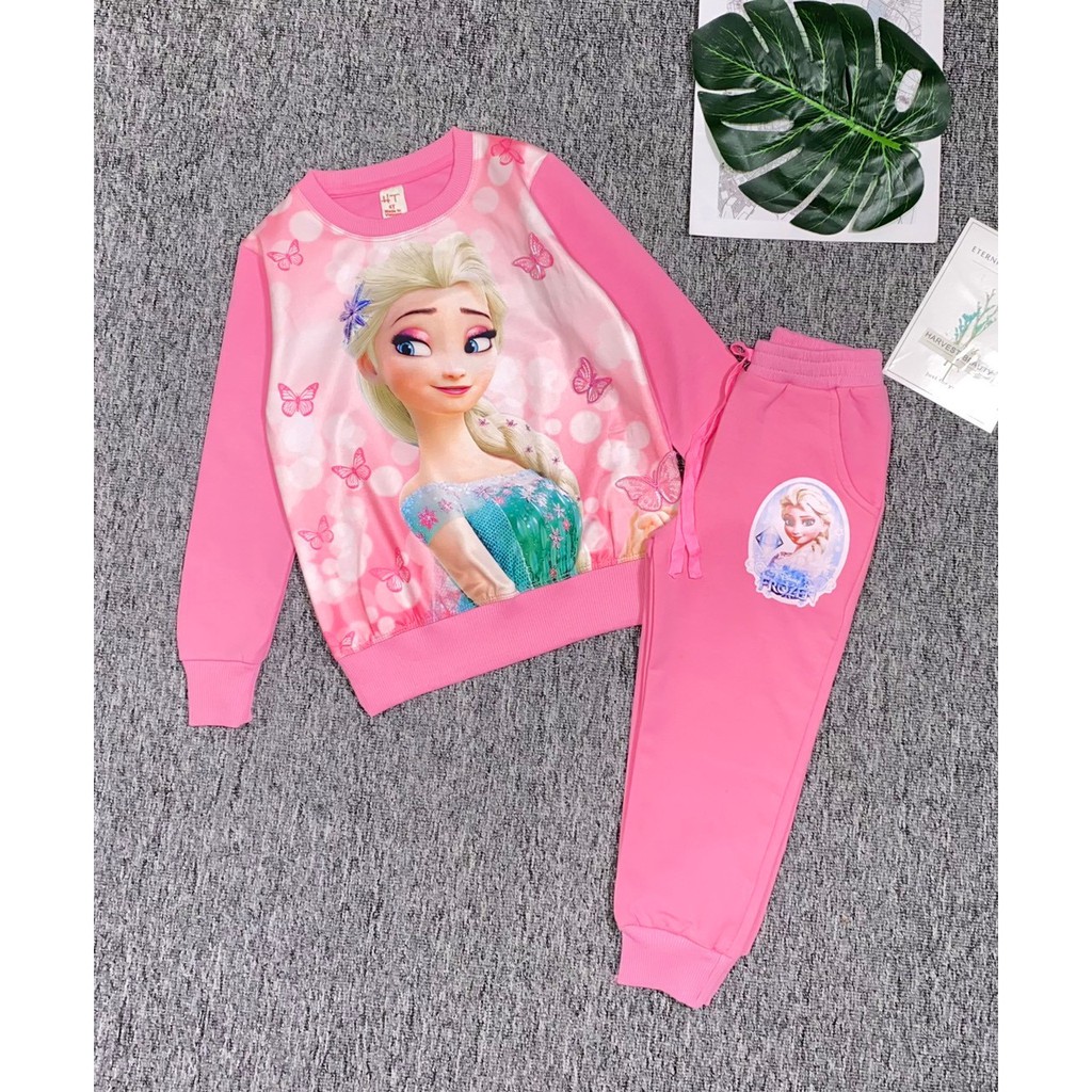 Bộ thun cotton da cá dày dặn in công chúa elsa bé gái