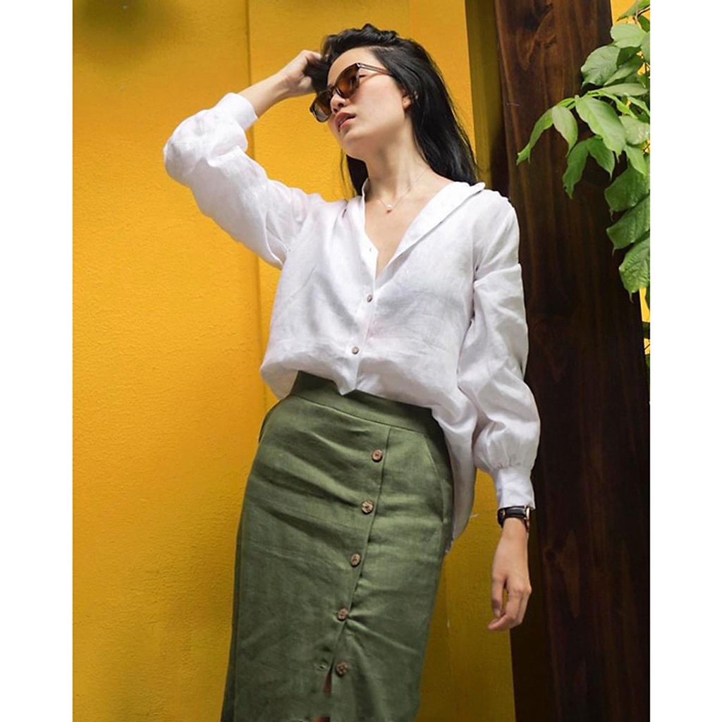 (TỔNG KHO LÂM ANH CHUYÊN SỈ) Set áo sơ mi Linen tưng Premium cổ tàu tay bom kèm chân váy bút chì trẻ trung