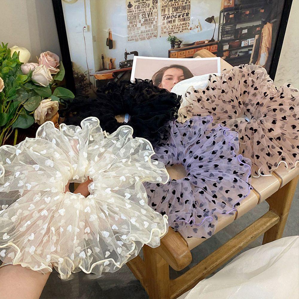 Dây Cột Tóc Phối Lưới Họa Tiết Trái Tim / Chấm Bi Xinh Xắn Ngọt Ngào Cho Nữ WMES15H