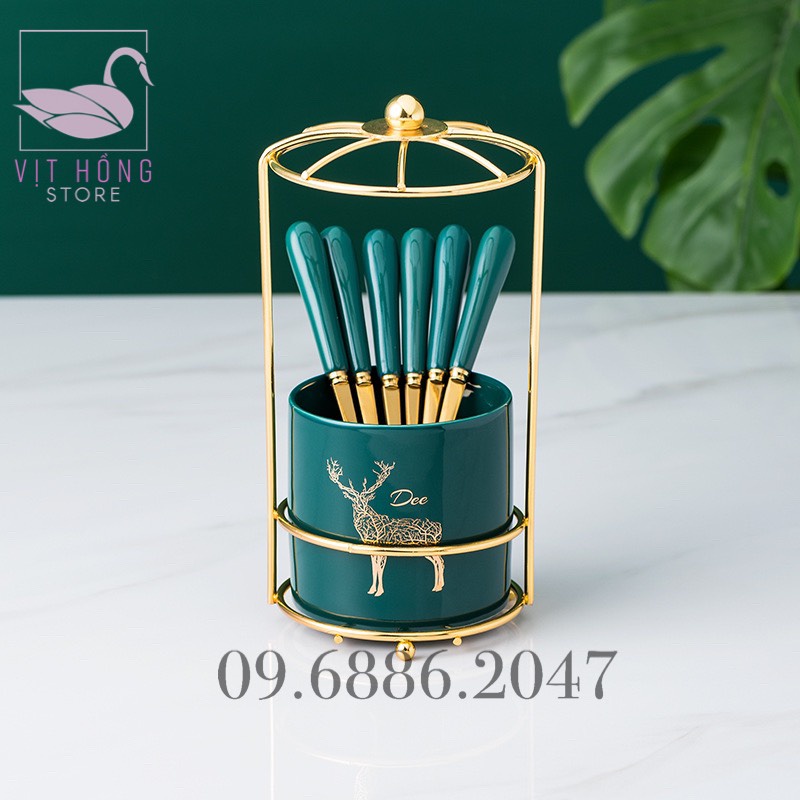 Bộ ống đựng đũa sứ đựng thìa, muỗng cafe, nĩa trái cây cao cấp kèm khung thép