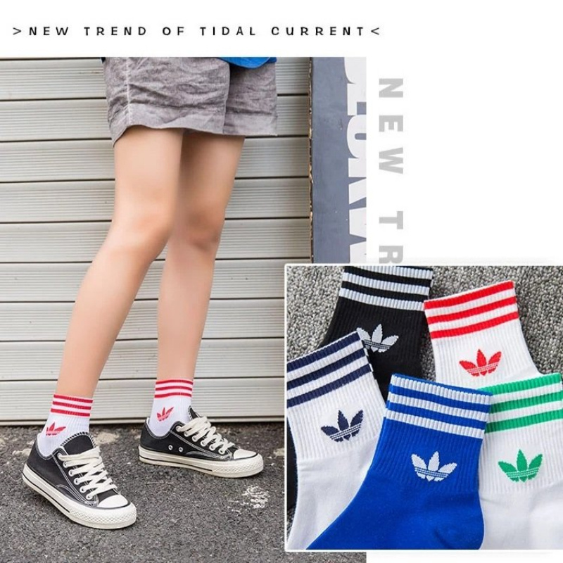 Tất Adidas Cổ Trung Nam Nữ Cao Cấp 3 Sọc Logo 3 Lá Hộp 5 Đôi Nhiều Màu
