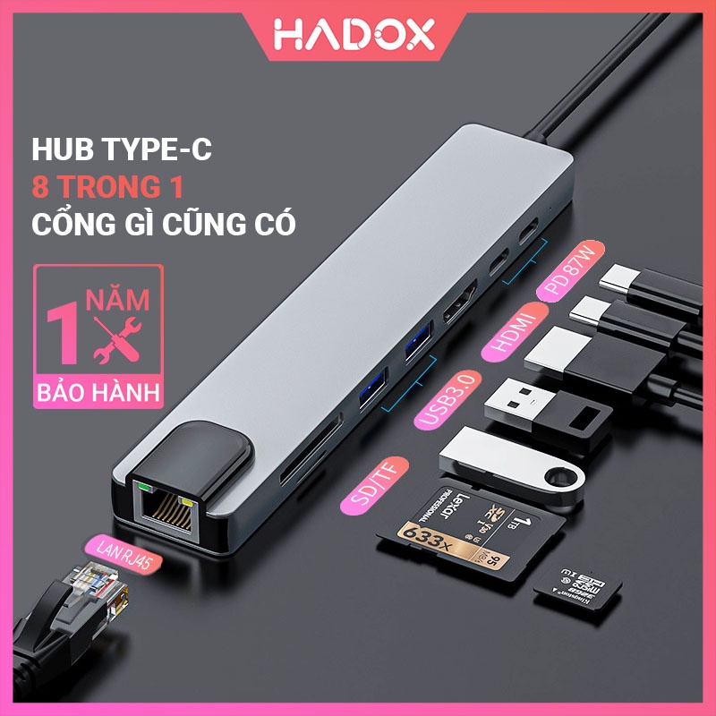 Hub chuyển đổi Type C 8in1 sang USB 3.0 OTG - HDMI - LAN - TypeC PD - Cổng chuyển Type-C cho Macbook, Laptop, Điện thoại
