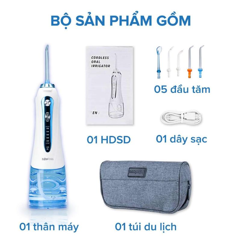 Máy tăm nước H2OFloss HF-9P chống thấm nước, tặng túi vải du lịch, bảo hành 12 tháng, đổi mới 30 ngày