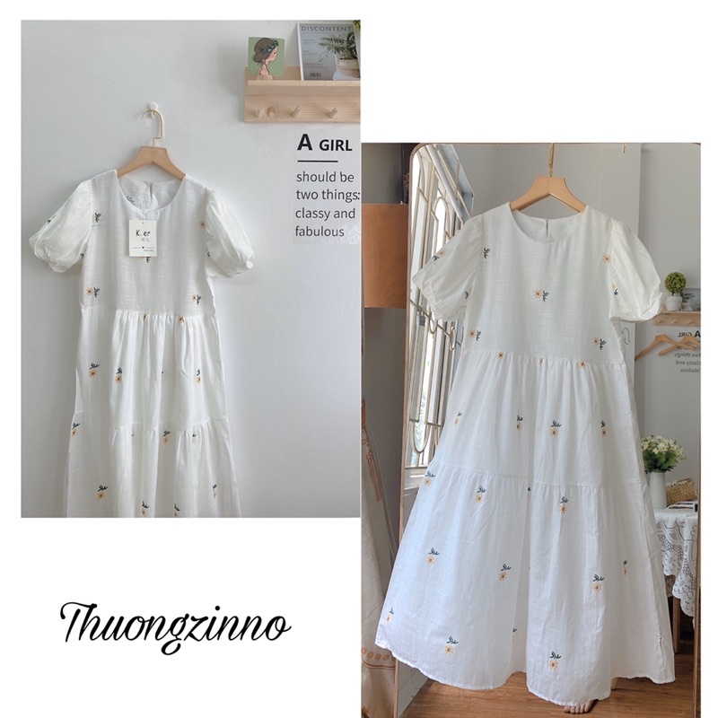 [Ảnh thật/Video] Đầm Váy Hoa Cúc Xinh Đẹp thiết kế Tay Bồng Chất Liệu Lụa Hàn Mềm Mịn