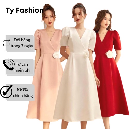 Đầm Dự Tiệc Cổ V Tay Phồng Tyfashion vải taffa sang trọng tặng kèm tag hoa cài áo full size SML