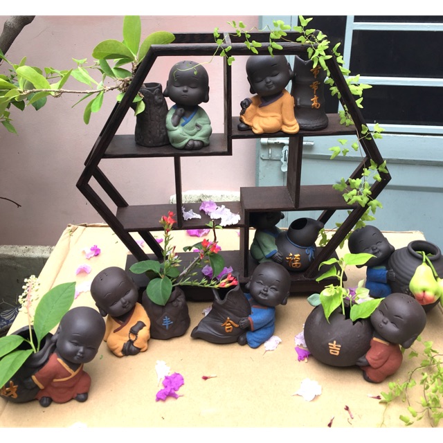 Bộ 8 tượng chú tiểu gốm tử sa có bình cắm trang trí phong thủy tphcm