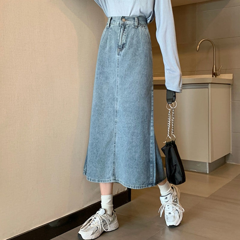COZOK Chân váy jean Lưng Cao Phong Cách Hàn Quốc