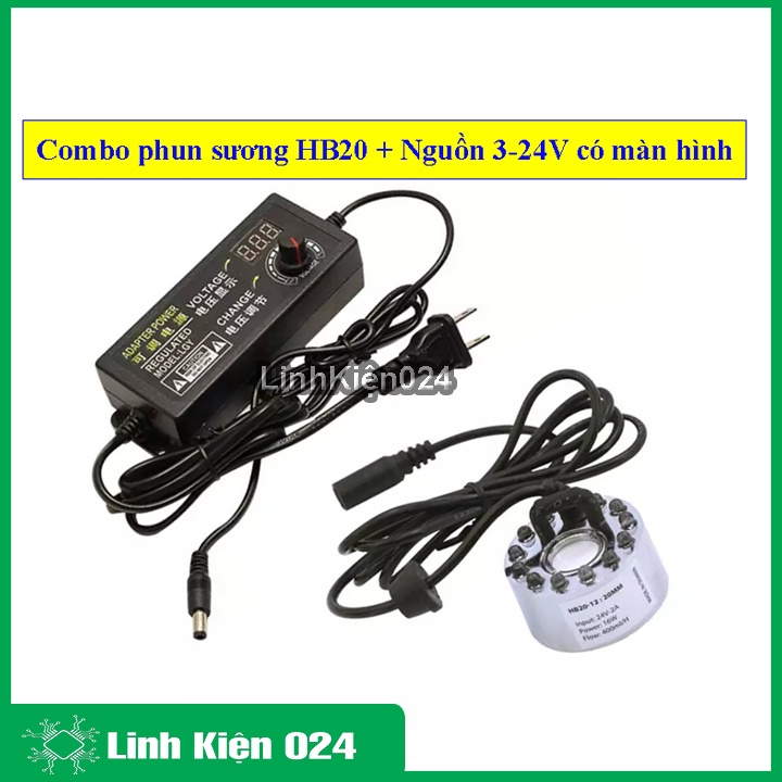 Combo phun sương HB20 12 led và nguồn điều chỉnh điện áp 3-24V 2A có màn hình hiển thị (điều chỉnh lượng sương)