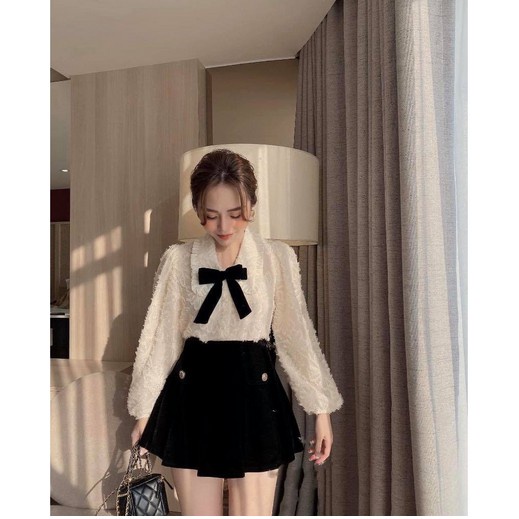 Áo sơ mi ren bèo cúc ngọc tiểu thư, nơ đen siêu xinh