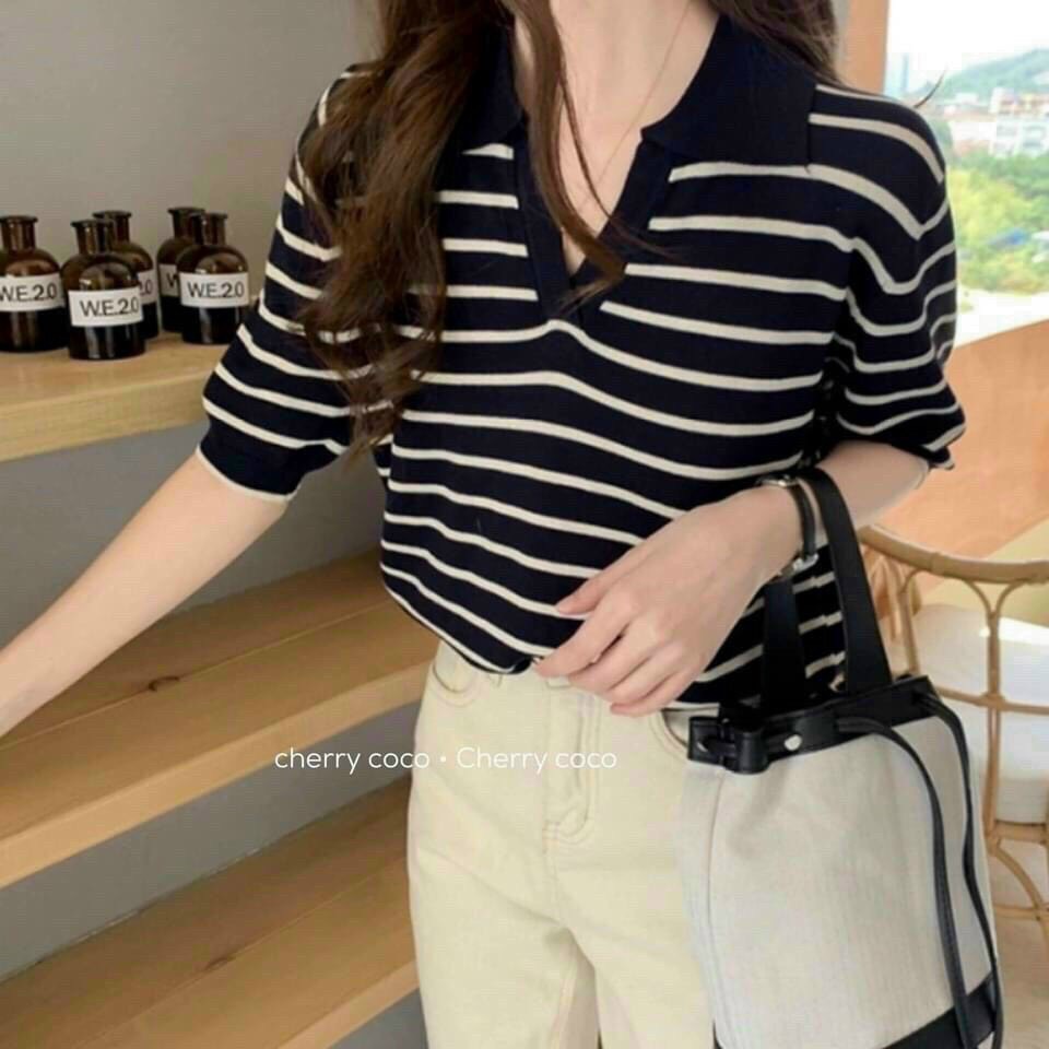 [Ảnh thật/video] Áo polo len tăm cộc tay kẻ sọc/ Áo len croptop phong cách Hàn Quốc