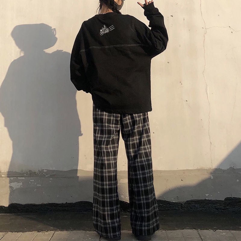 Quần Dài Lưng Cao Ống Rộng Họa Tiết Sọc Caro Màu Đen Phong Cách Retro Hàn Quốc
