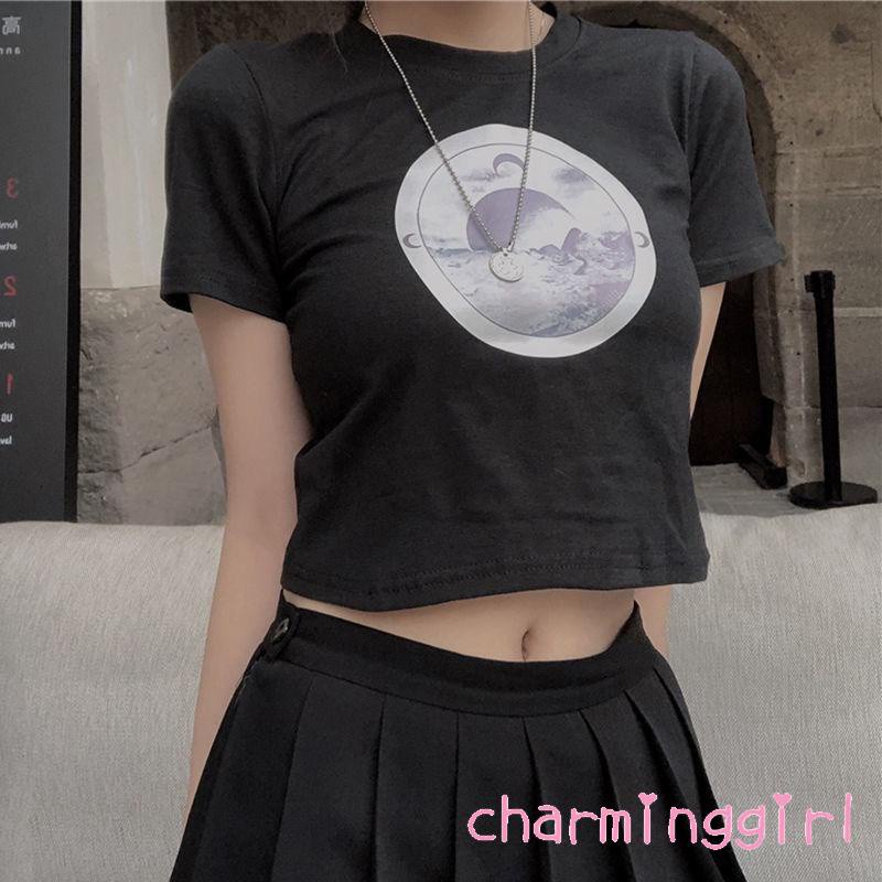 Áo Thun Croptop Tay Ngắn Cổ Tròn In Hình Mặt Trăng Thời Trang Cho Nữ