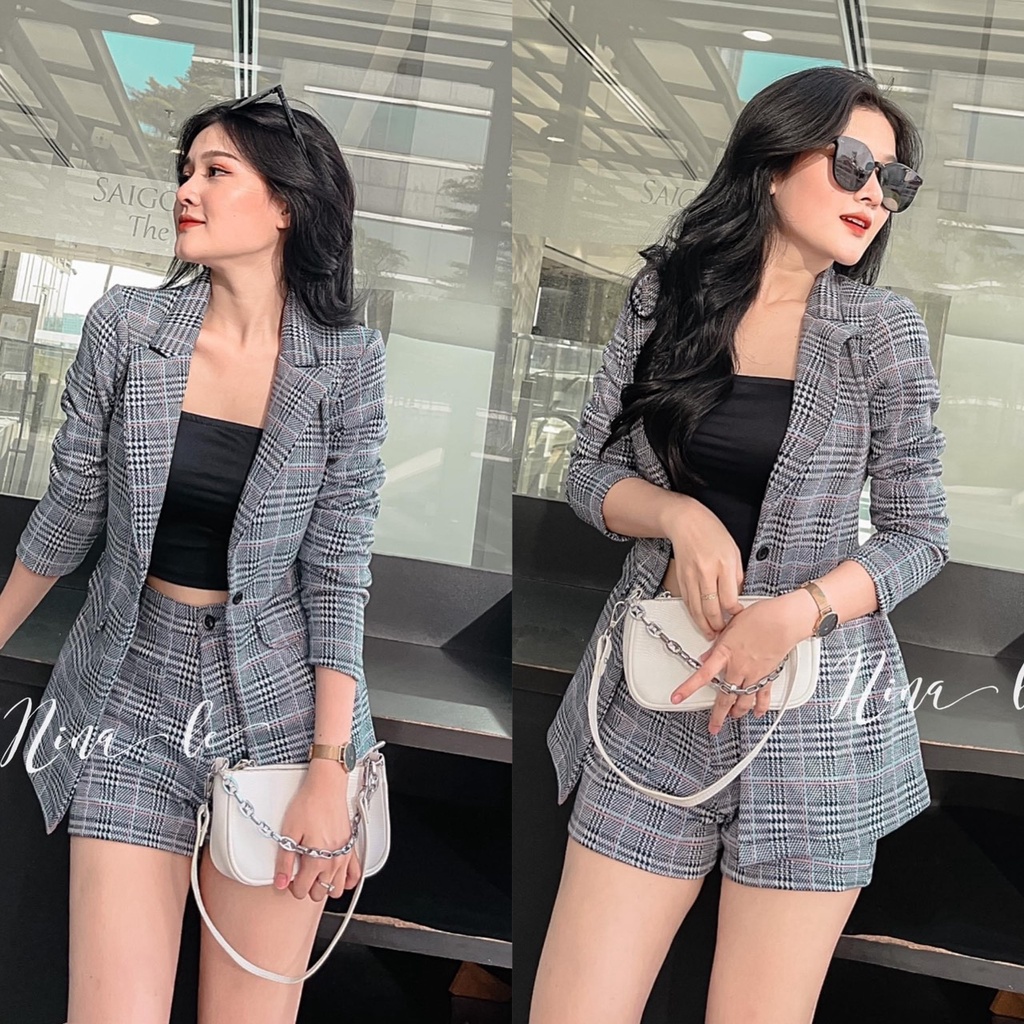 Sét bộ nữ áo vest tay dài áo 2 dây xịn xò kèm quần đùi sọc caro sang chảnh, lịch sự thời trang nữ cho nàng dạo phố