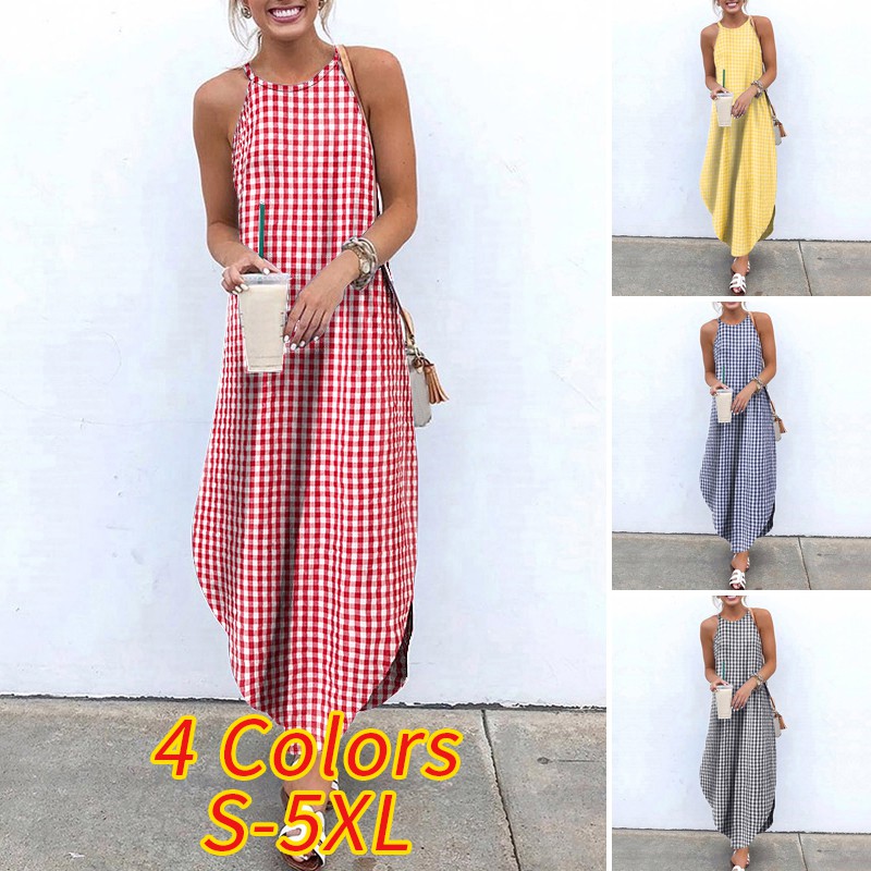 VONDA Đầm Dài Sát Nách Hoạ Tiết Ca Rô Ca Rô Thời Trang Mùa Hè Cho Nữ | BigBuy360 - bigbuy360.vn