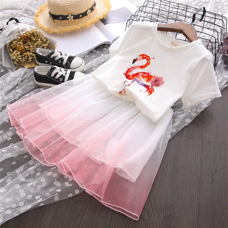 Set áo thun ngắn tay + chân váy lưới xòe thời trang cho bé gái