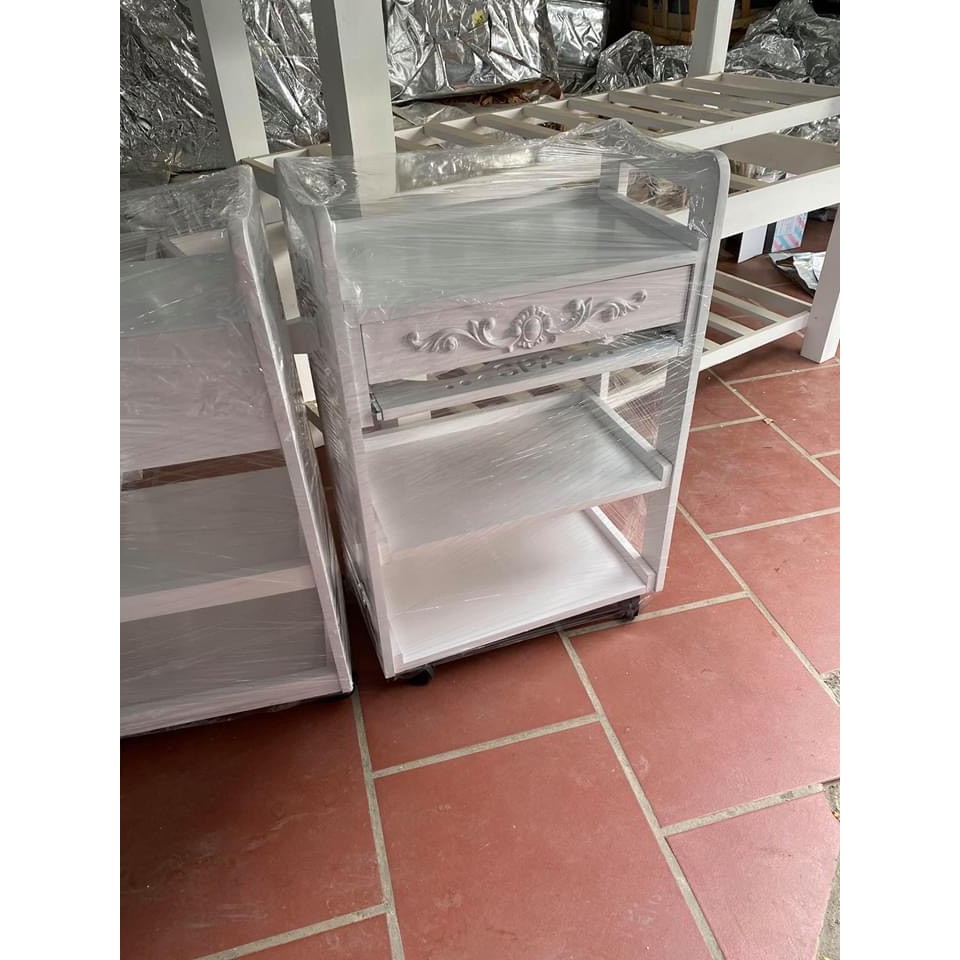 [TẶNG KÈM 2 BÁT INOX CAO CẤP] Xe đẩy gỗ 3 tầng có hoa văn cao cấp dùng trong Spa, Thẩm Mỹ Viện / Hàng đảm bảo chất lượng