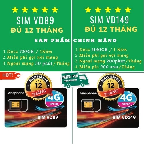 SIM VD89 , VD149 , D500 ( MIỄN PHÍ 360 ngày Data 4G + Gọi )VINAPHONE. Đăng Ký Chính Chủ, Bảo Hành 12Tháng