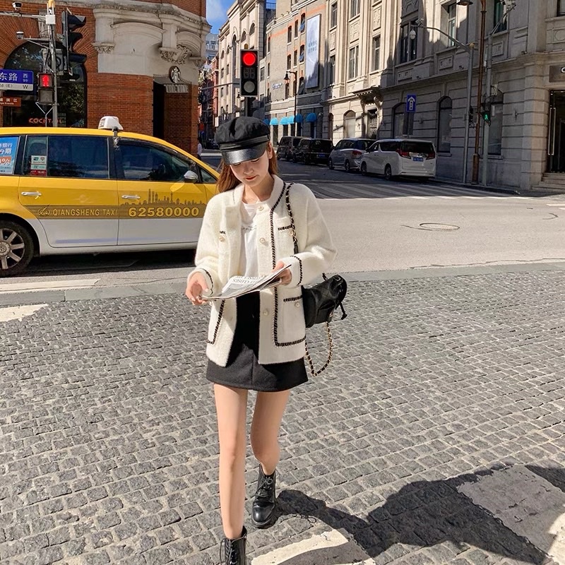 Hàng Quảng Châu dày🖤Áo khoác len cardigan lông thỏ viền kẻ cúc ngọc cao cấp phong cách Hàn Quốc