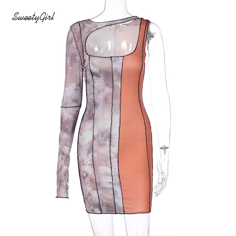 Đầm Ngắn Ôm Dáng Tay Dài Khoét Lỗ In Màu Sắc Tương Phản Cho Nữ