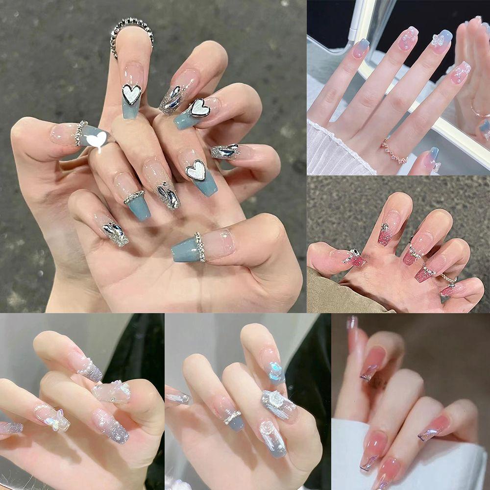 XIANTIN Bộ 24 Móng Tay Giả Đính Hoa Trà Xanh Dương Sặc Sỡ Lấp Lánh