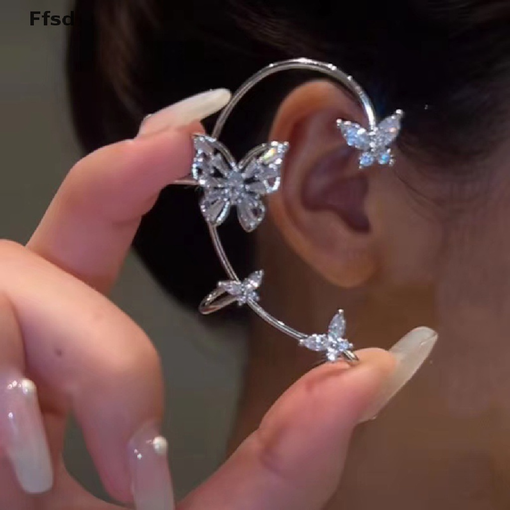 Khuyên Kẹp Vành Tai Bằng Bạc Đính Đá Zircon Hình Lông Vũ / Bướm Màu Sắc Bán Chạy