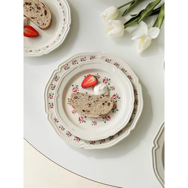 Set đĩa gốm ceramic hoạ tiết hoa hồng nhẹ nhàng