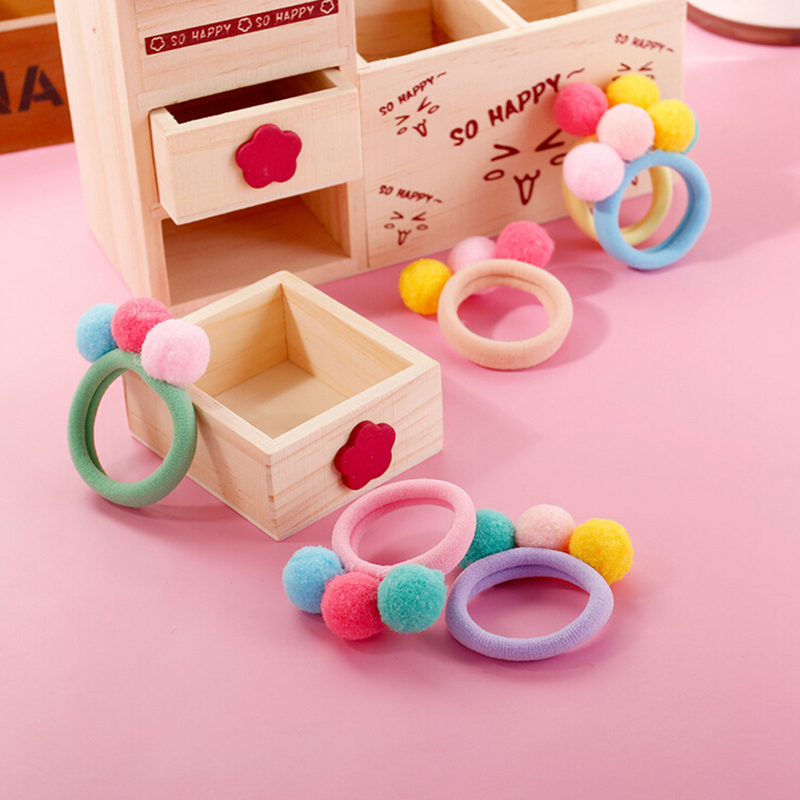 Set 2 / 5 / 10 Dây Cột Tóc Phối Bóng Lông Xinh Xắn Cho Bé Gái