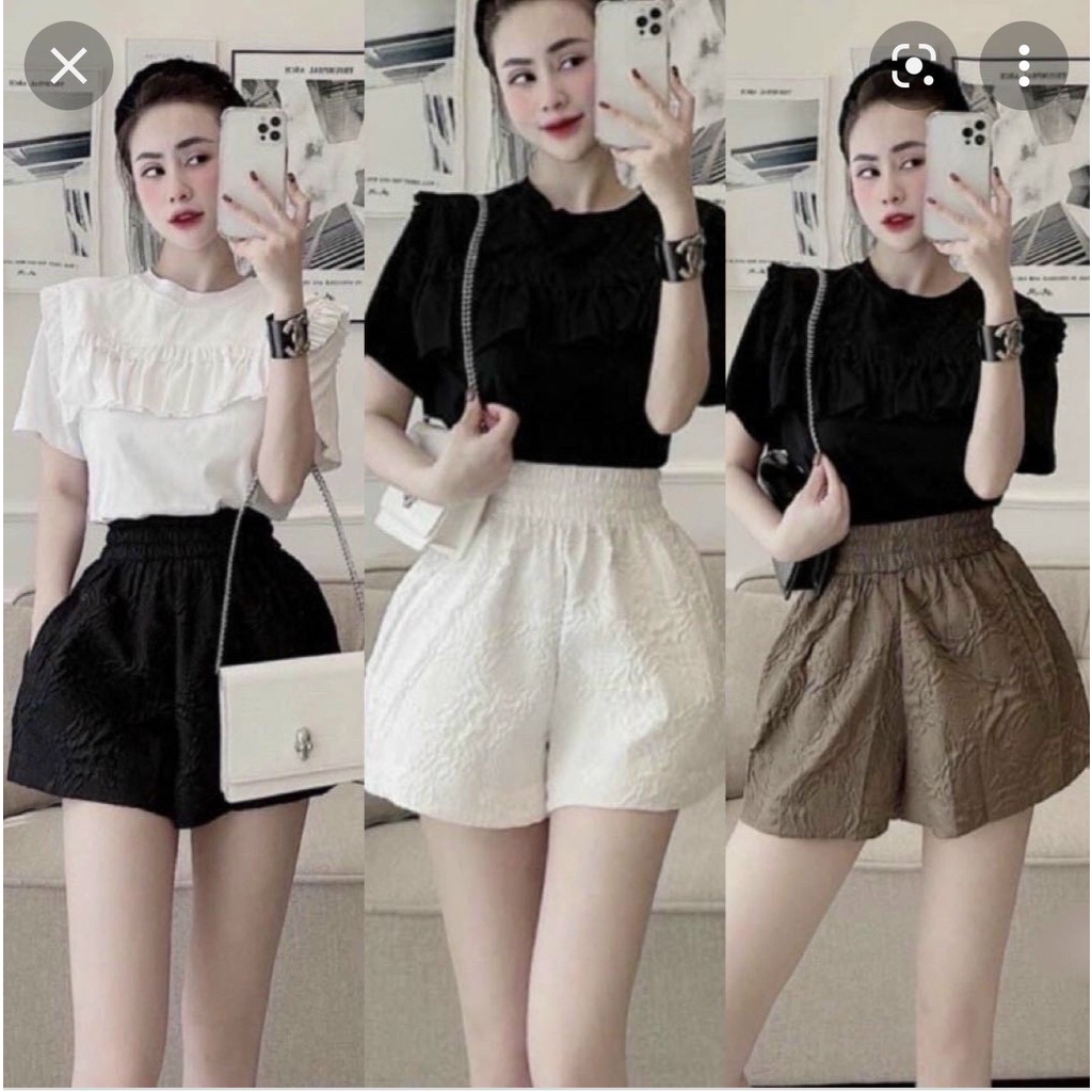 Quần short nữ ống rộng lưng cao cạp thun chun có túi IN PHỒNG HOA NỔI