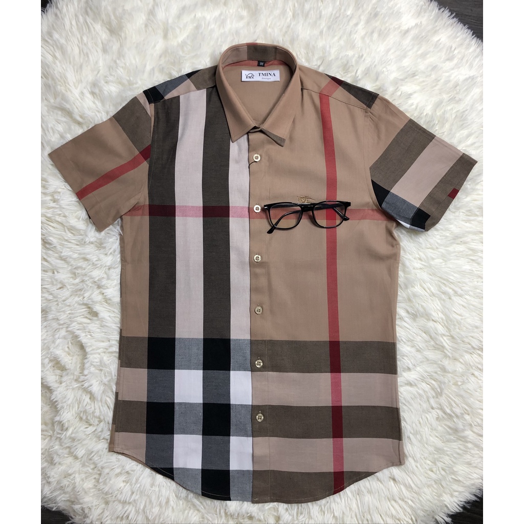 Áo sơ mi kẻ tay ngắn vải cotton , bbr cộc tay kẻ to thoáng mầu KEM